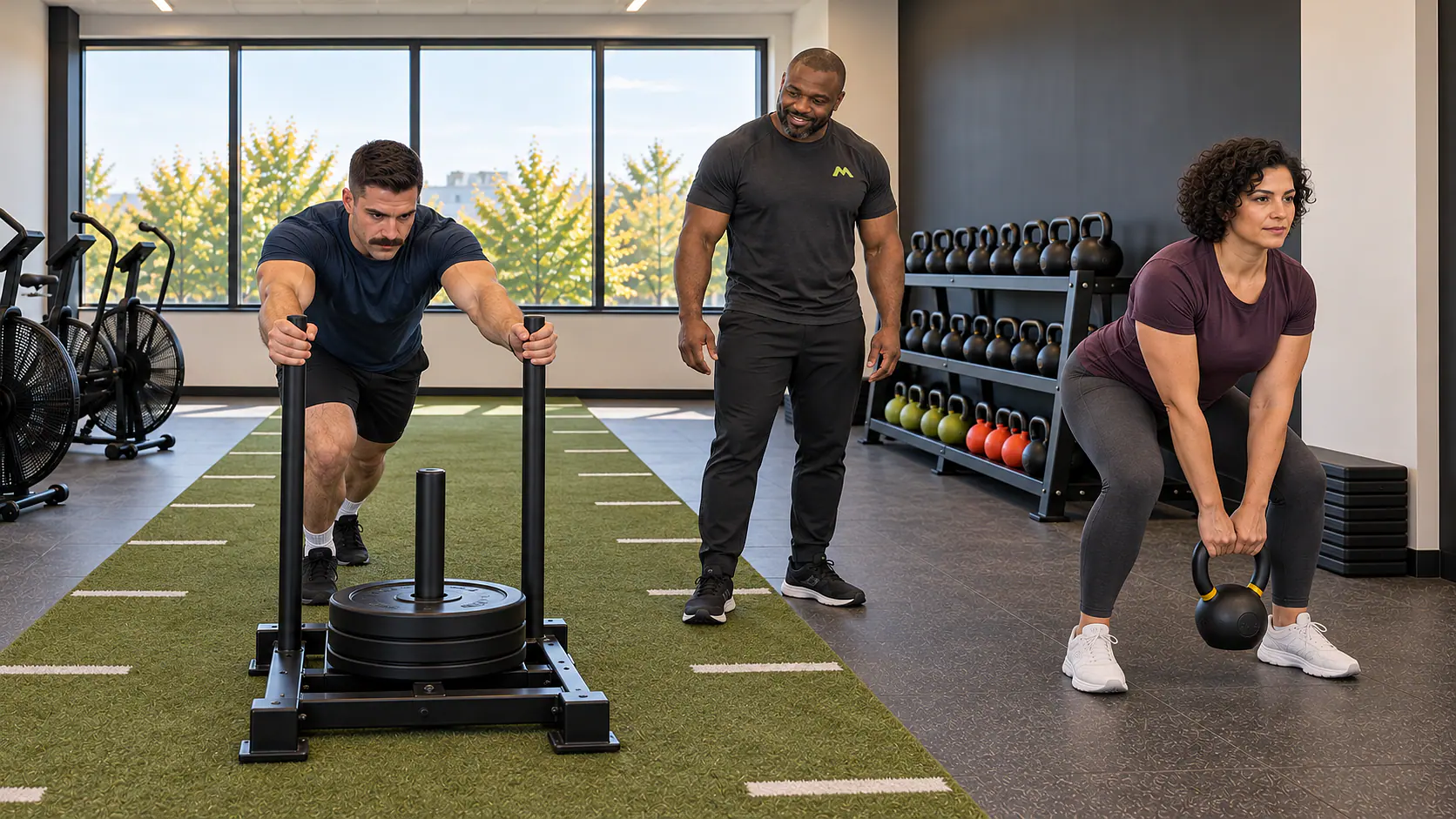 Kofi begleitet Schlitten- und Kettlebelltraining in der Cross-Training-Zone.