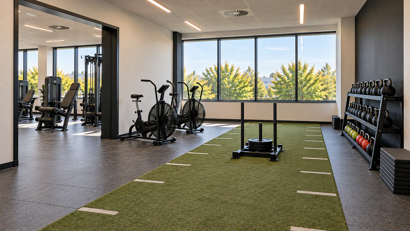 Cross-Training-Zone mit Trainingsbahn, Schlitten und Kettlebells.