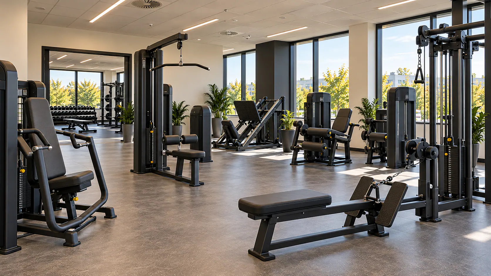 Gerätebereich mit Krafttrainingsgeräten und freien Laufwegen.