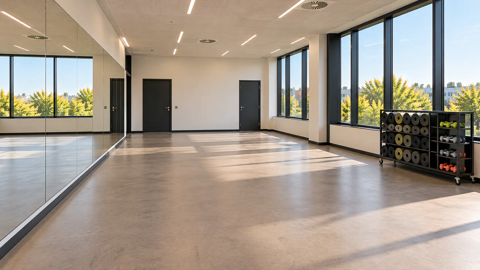 Heller Kursraum für Dance Fitness, Fight Fitness und Pilates.