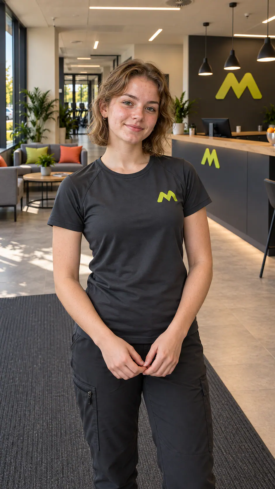 Nele Musterfrau mit gefalteten Händen am Empfang.