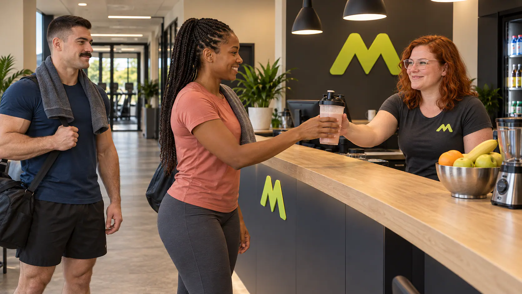 Fenja reicht einen Proteinshake an der Studiobar.