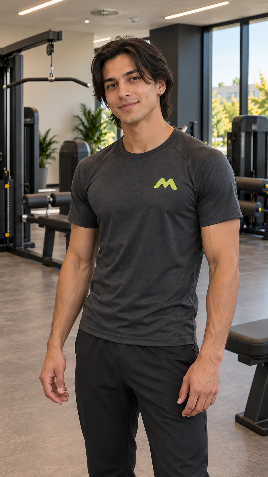 Rio Mustermann im Studio-Shirt im Gerätebereich.