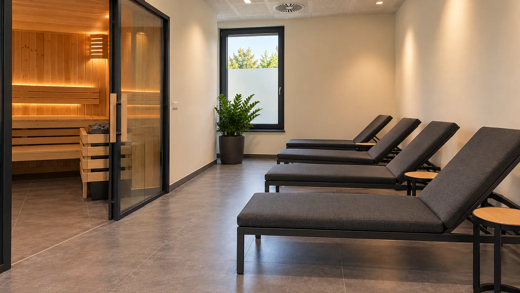 Ruhebereich mit vier Liegen neben der Sauna.