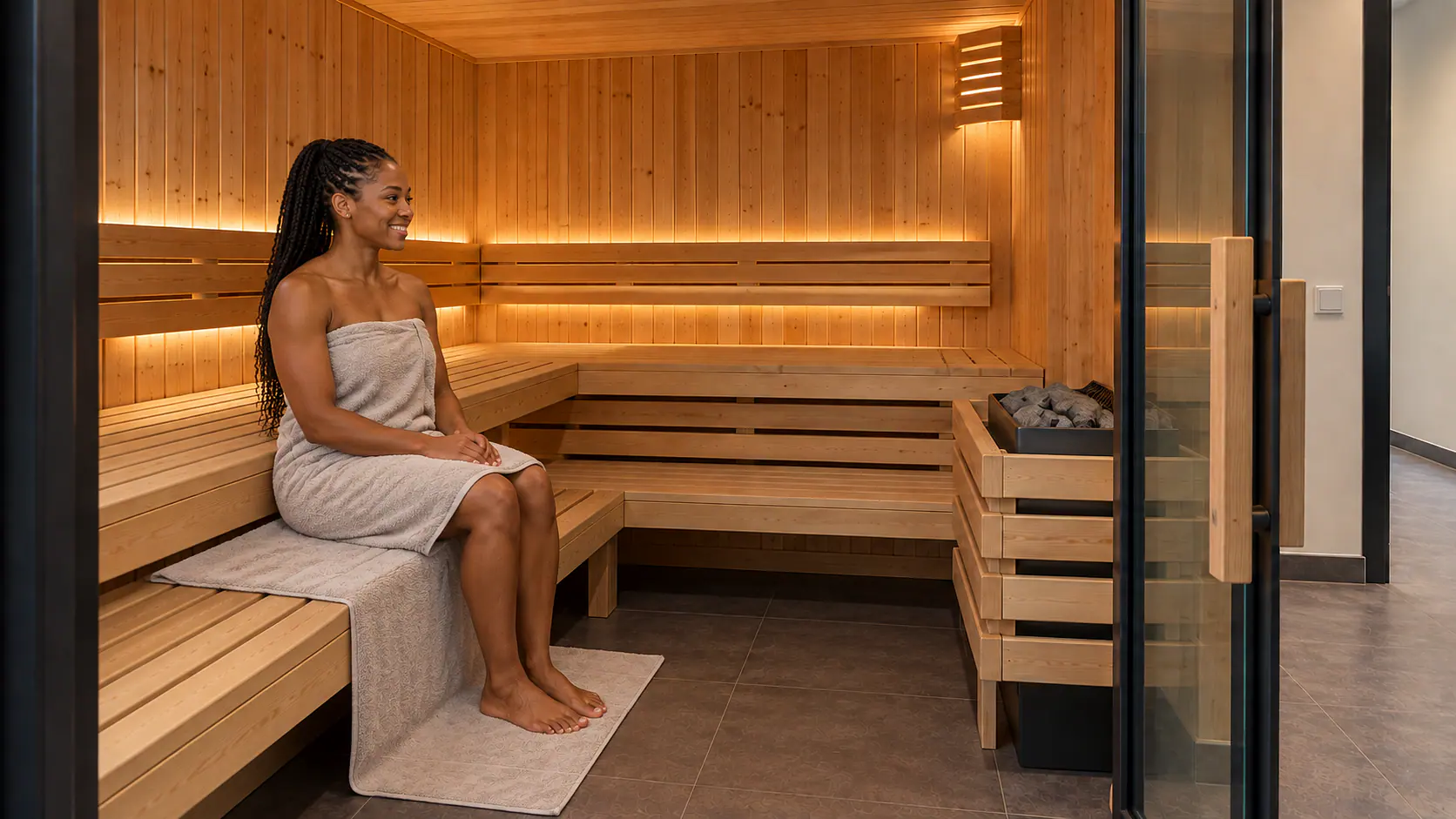 Ein erwachsenes Mitglied entspannt bedeckt in der Sauna.