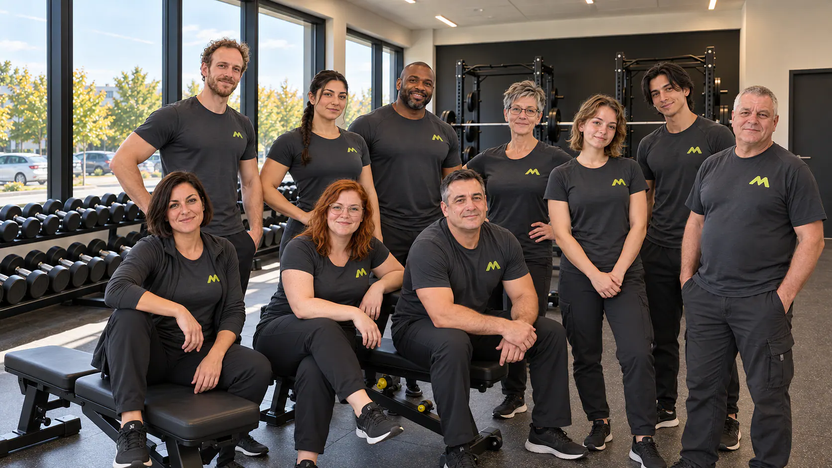 Die zehn Menschen des Teams im Hantelbereich: vorne sitzend Mara, Fenja und Tarek, dahinter stehend Leon, Elif, Kofi, Judith, Nele, Rio und Jens.