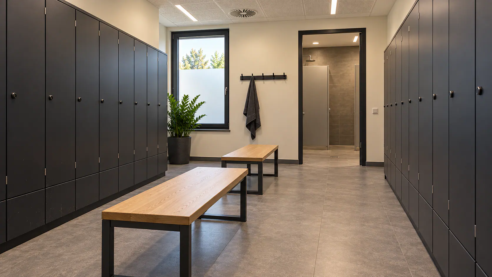 Umkleide mit Spinden und Sitzbänken im Fitnessstudio Mustermann.