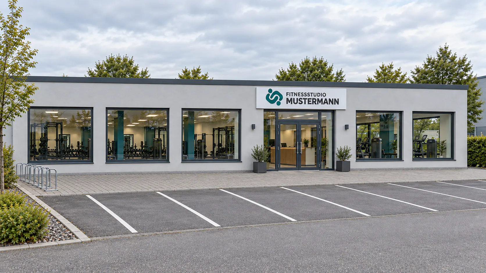 Außenansicht des Fitnessstudios Mustermann mit Eingang und Fahrradständer.