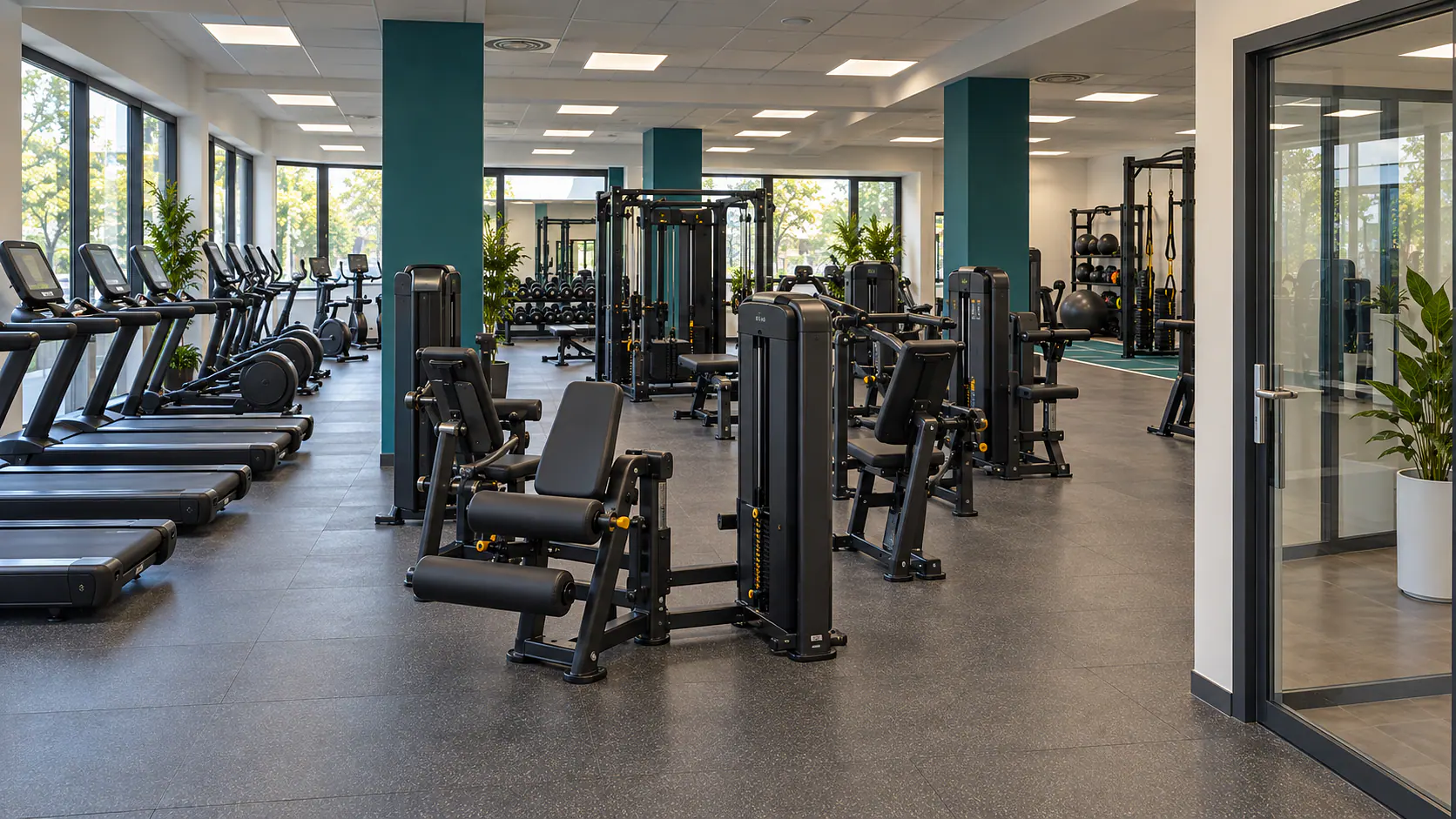 Trainingsfläche mit Kraftgeräten, Cardio- und Freihantelbereich.