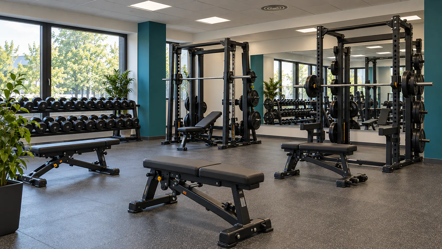 Freihantelbereich mit Racks, Trainingsbänken und Kurzhanteln.