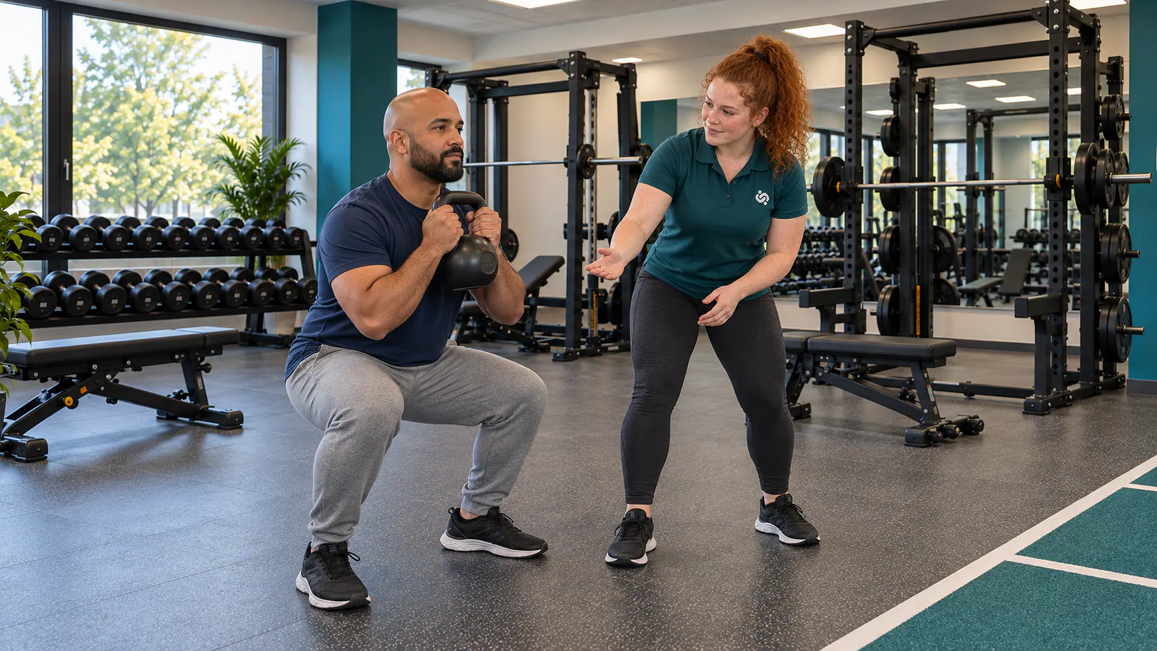 Trainerin Nele begleitet eine Kniebeuge mit Kettlebell.
