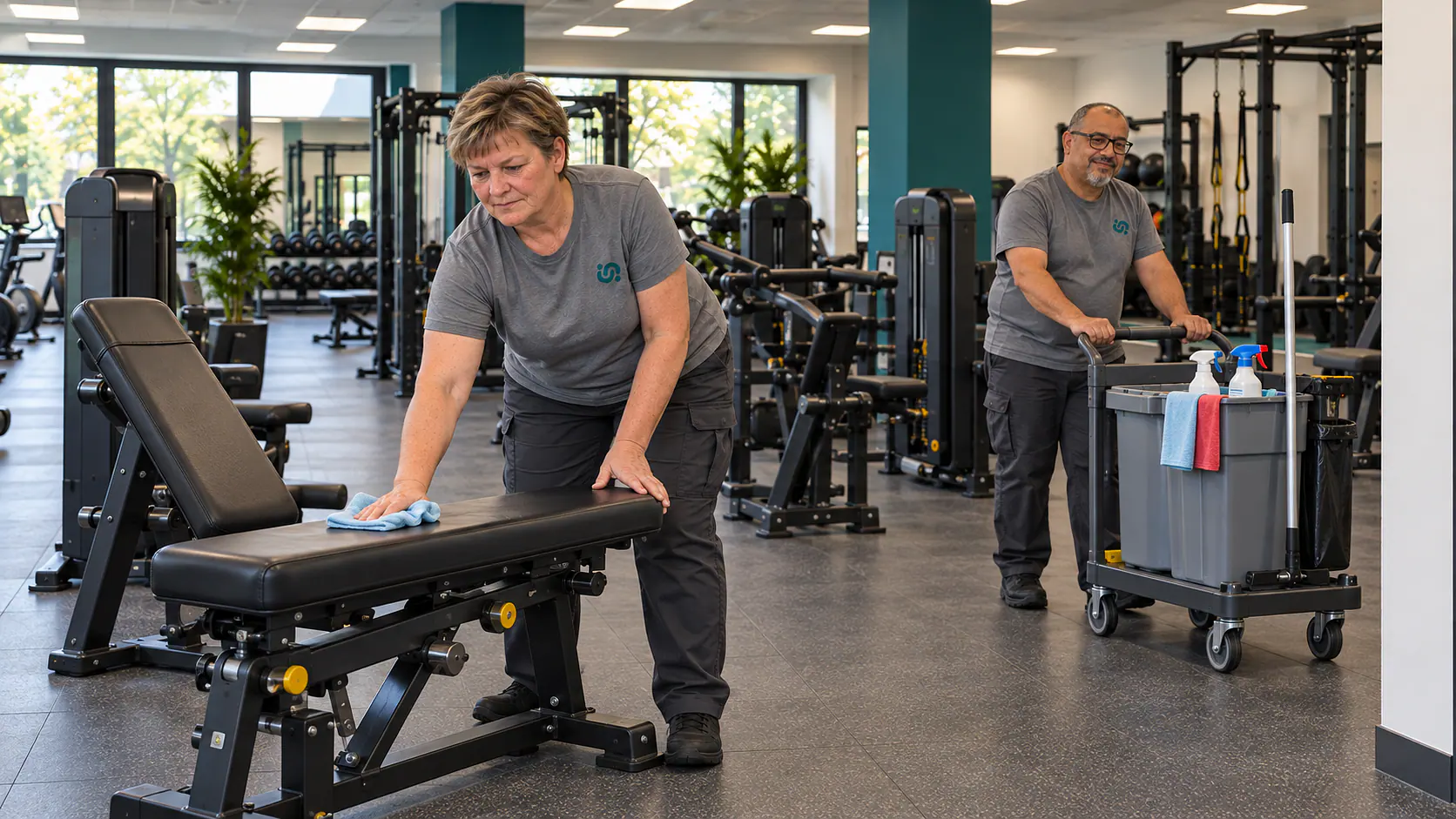 Elke und Omar reinigen einen Bereich der Trainingsfläche.