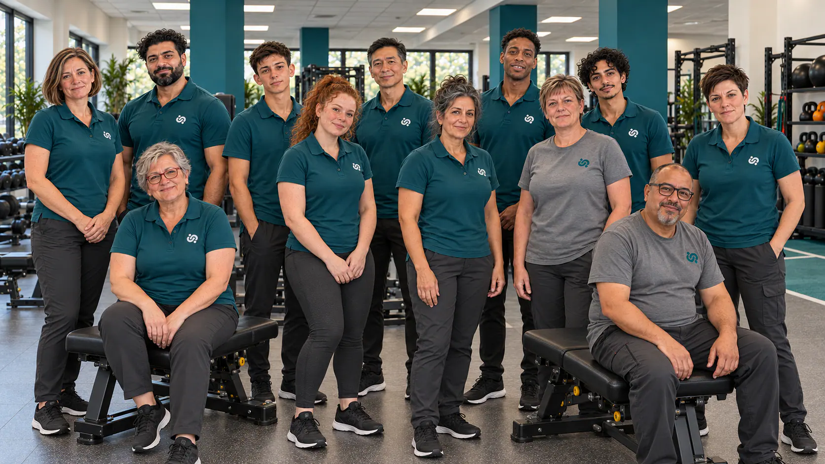 Die zwölf Teammitglieder des Fitnessstudios Mustermann auf der Trainingsfläche.