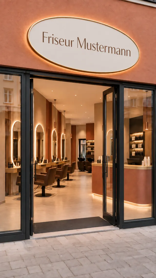 Eingang des Salons mit dem ovalen Schild „Friseur Mustermann“