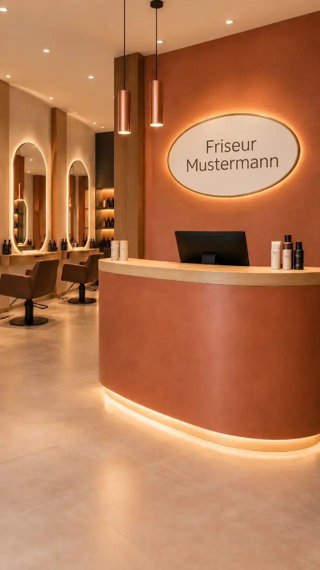 Empfangstresen mit Schild und Pendelleuchten