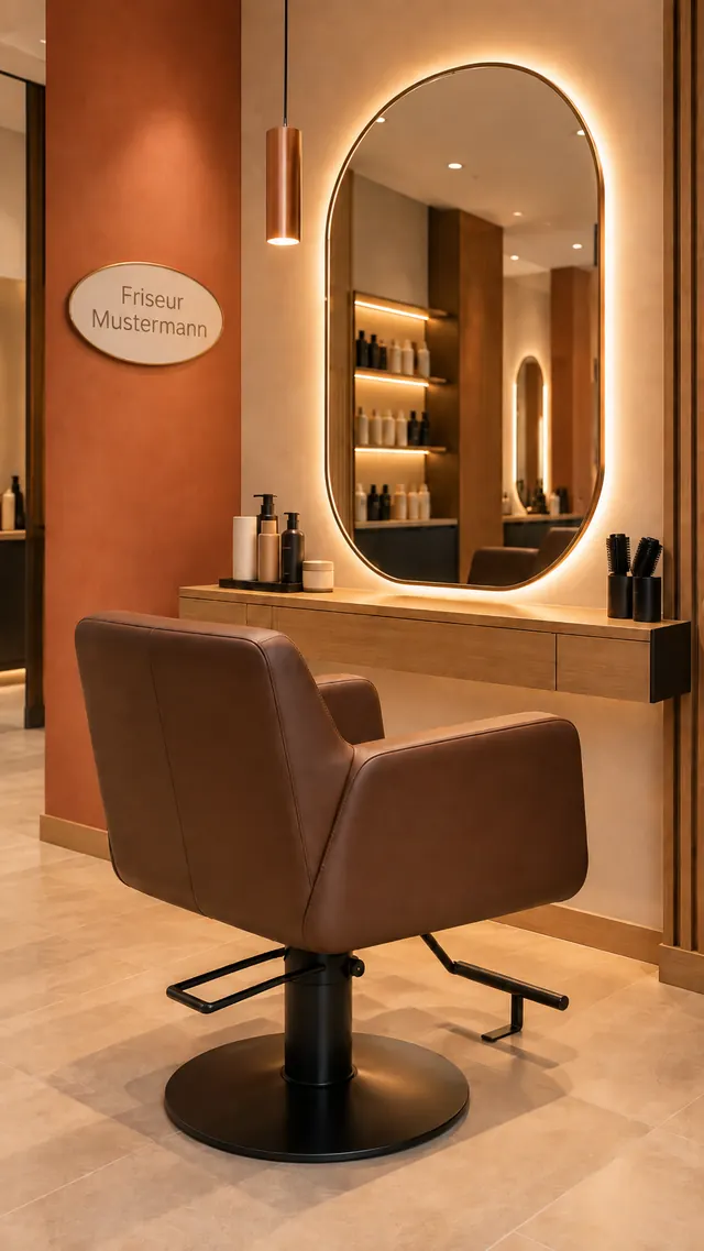 Friseurplatz mit ovalem Spiegel und Ledersessel