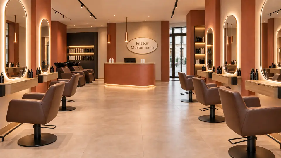 Salon Friseur Mustermann in der Gesamtansicht: Bedienplätze rechts und links, Empfang im Hintergrund