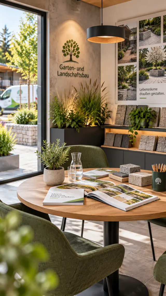 Beratungsecke am Fenster mit rundem Tisch, Gartenbüchern und Steinmustern