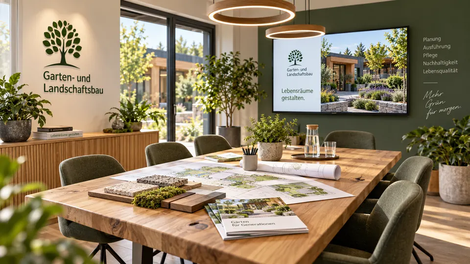 Besprechungsraum mit Eichentisch, Gartenplänen, Materialmustern und Bildschirm