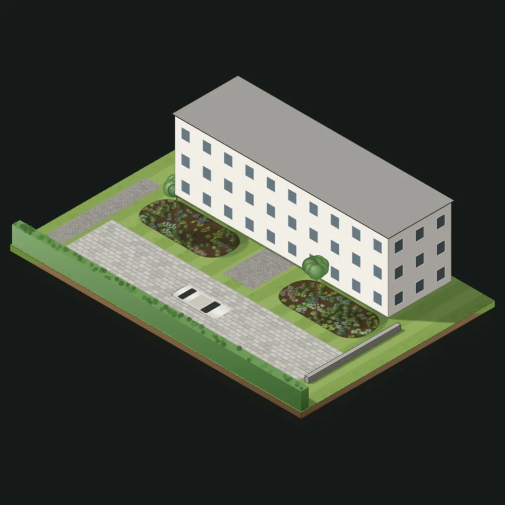 Schrägansicht: der Außenanlage einer Praxis mit Stellplatzfläche aus Betonplatten, Zugang, Beeten, zwei Säulenhainbuchen, Gabionenmauer und Hecke