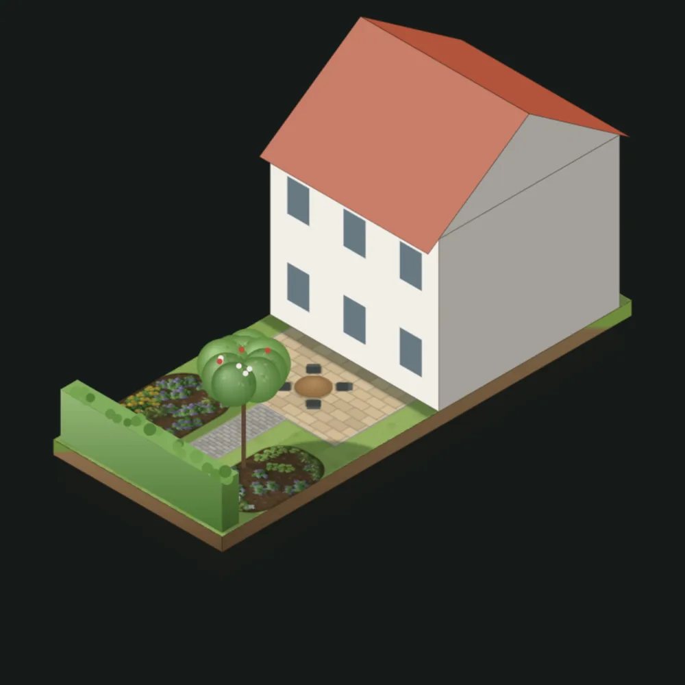Schrägansicht: eines schmalen Reihenhausgartens mit Sandsteinterrasse, zwei Staudenbeeten, Obstbaum und Ligusterhecke