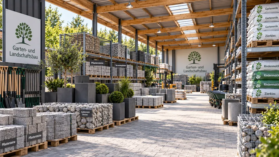 Lager und Materialhof mit Pflastersteinen, Gabionen, Säcken mit Erde und Mulch unter einem Holzdach
