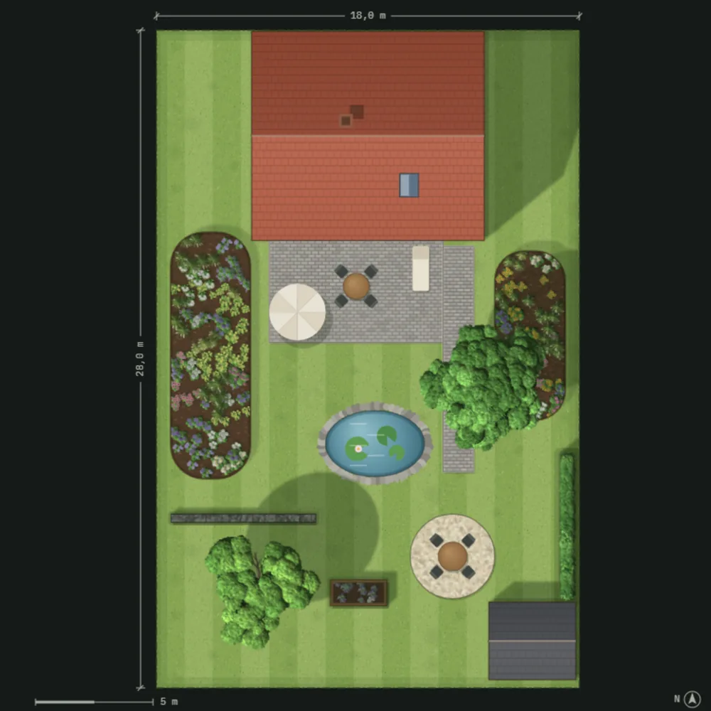 Plan eines Familiengartens mit Terrasse, Beeten, Teich und Bäumen