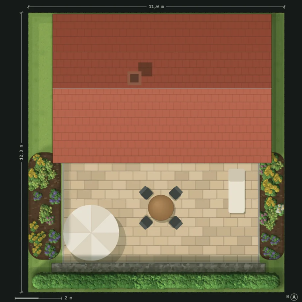 Plan einer großen Terrasse aus Sandsteinplatten mit Sitzmauer, Hecke und Staudenbeeten an beiden Seiten