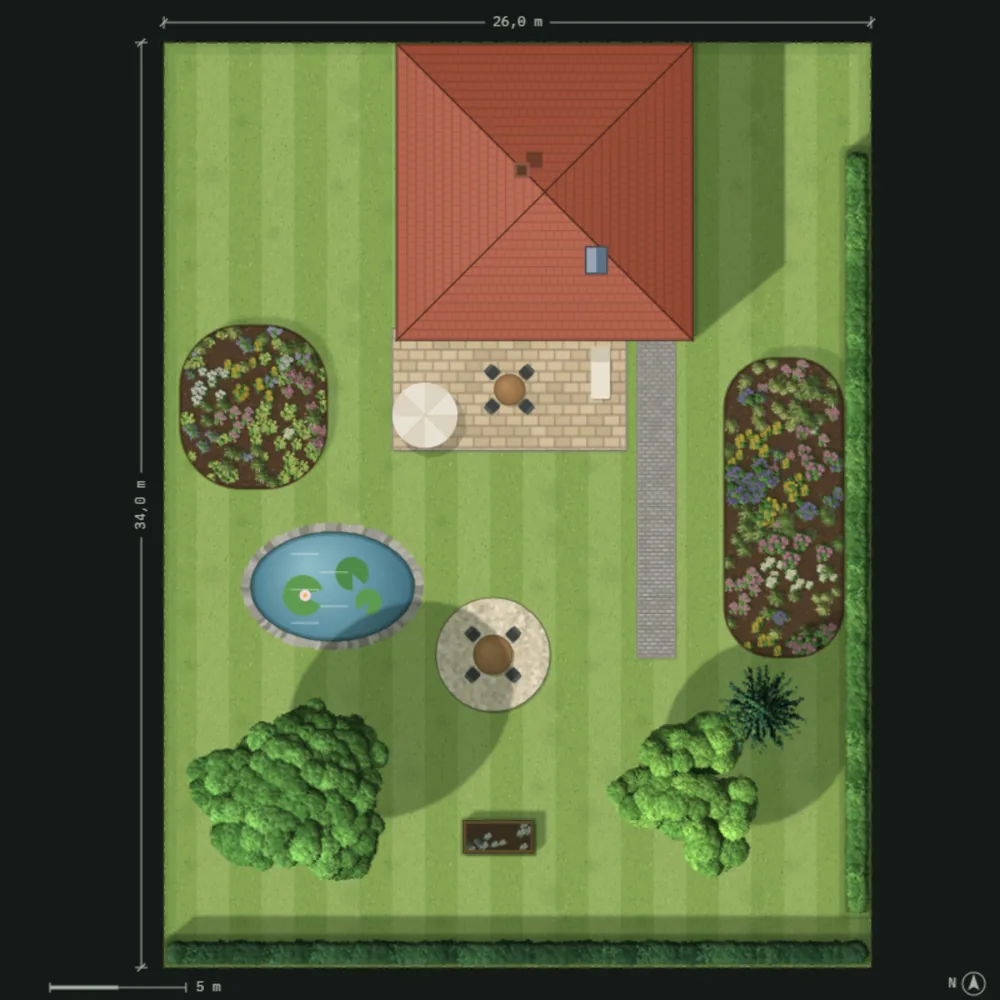 Plan eines großen Villengartens mit Teich, Sitzplatz, Beeten, Hecken, Hochbeet und mehreren großen Bäumen