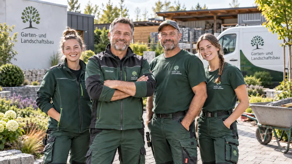 Das Team von Mustermann Garten- und Landschaftsbau: vier Personen in dunkelgrüner Arbeitskleidung vor Gartenbeeten, Gabionenmauer und Firmenfahrzeug