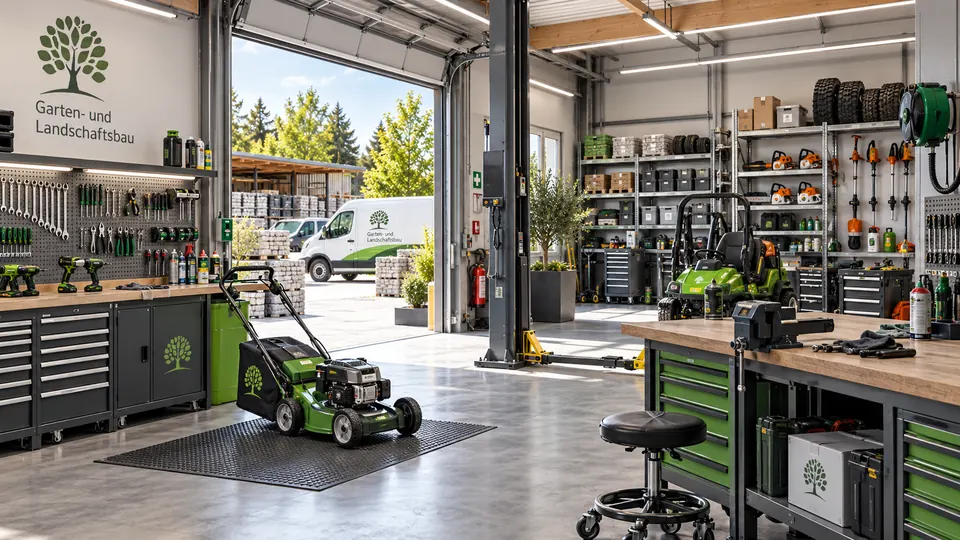 Werkstatt mit Werkbank, Werkzeugwand, Rasenmäher und Maschinen