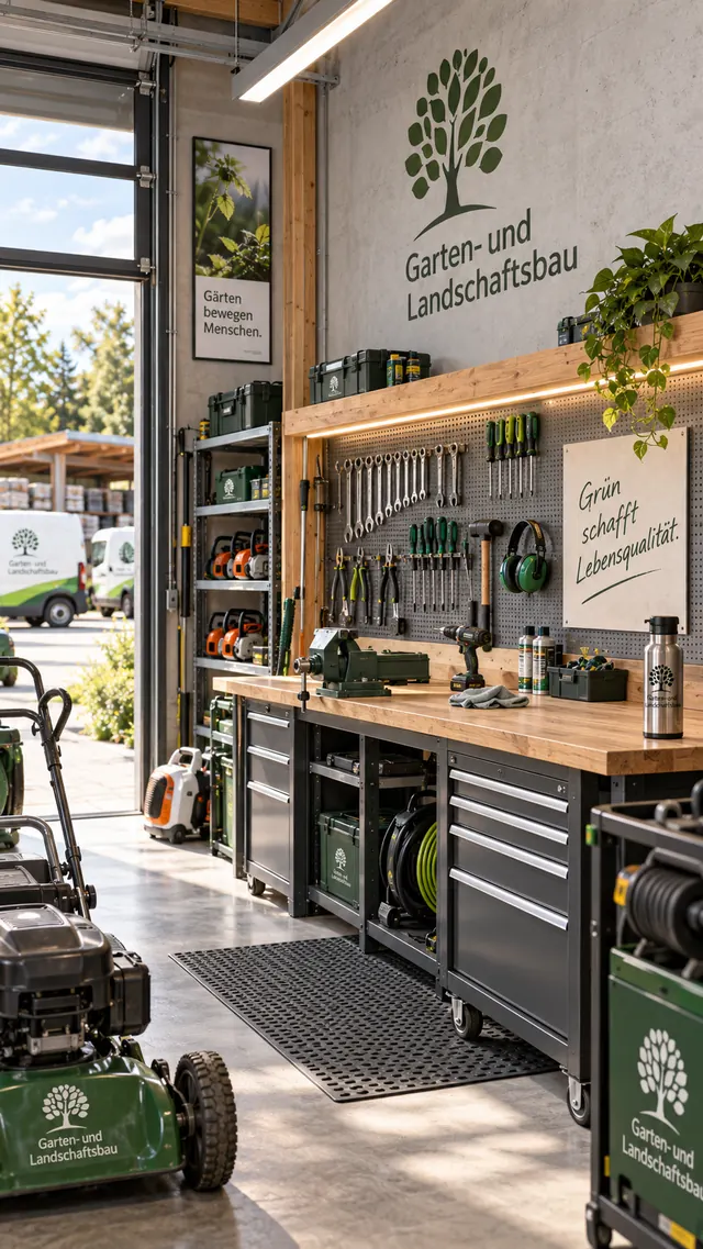 Werkstatt mit Werkbank, Werkzeugwand, Rasenmäher und Schild „Grün schafft Lebensqualität“