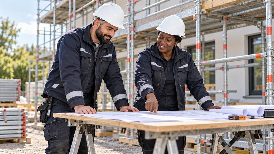 Sarah und Emre besprechen Pläne auf einem Tisch an der Baustelle