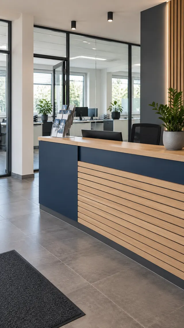 Empfangsbereich mit Tresen aus Holz und Blick ins Büro