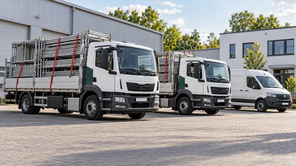 Lastwagen und Transporter des Betriebs mit Gerüstmaterial auf dem Hof