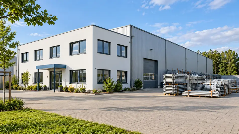Außenansicht des Firmensitzes von Mustermann Gerüstbau: Bürogebäude mit Betriebshalle und Gerüstmaterial auf dem Hof