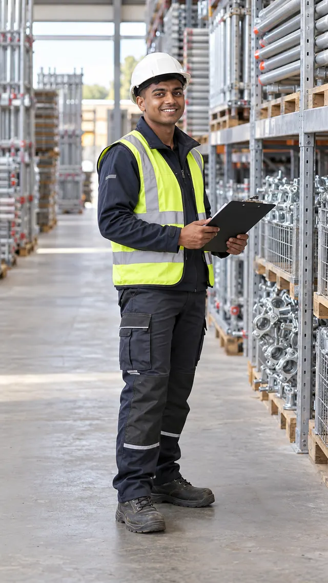 Porträt von Jonas Mustermann, Lager und Logistik, mit Warnweste im Materiallager