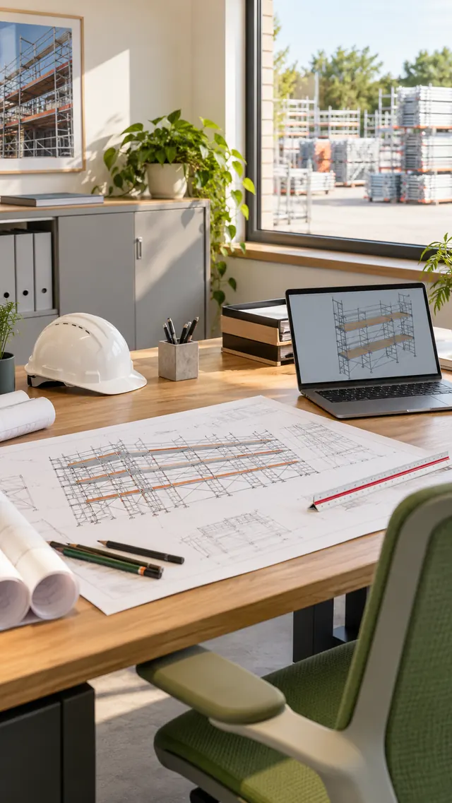Planungsarbeitsplatz mit Gerüstplan, Laptop, Helm und Schreibtisch am Fenster