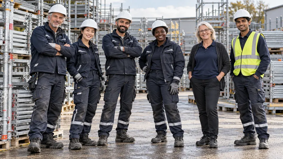 Das Team von Mustermann Gerüstbau steht gemeinsam auf dem Betriebshof vor Gerüstmaterial