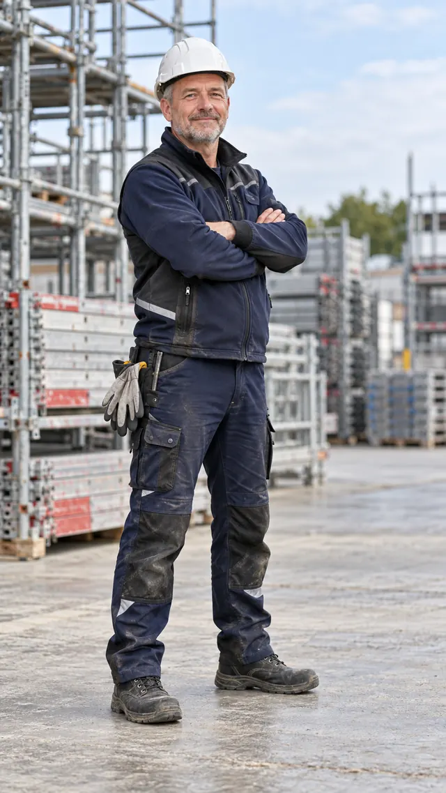 Porträt von Thomas Mustermann, Gerüstbau-Monteur, mit Helm vor Gerüstmaterial
