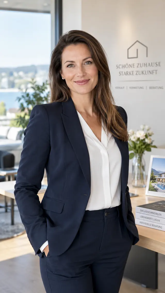 Anna Musterfrau, Immobilienberaterin, im dunkelblauen Blazer im Büro