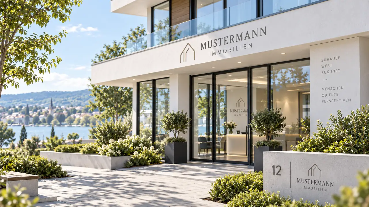 Außenansicht von Mustermann Immobilien: moderne helle Fassade mit Glasfront und Firmenschriftzug, davor Pflanzen und der See im Hintergrund