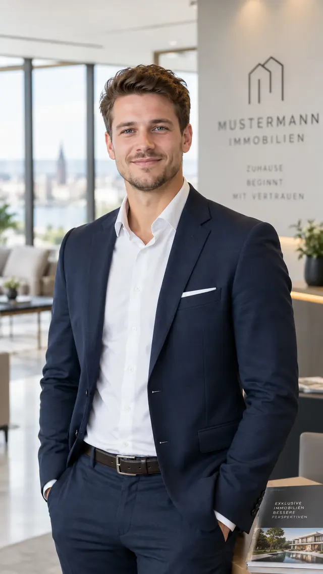 Daniel Mustermann, Immobilienberater, im dunkelblauen Anzug im Büro