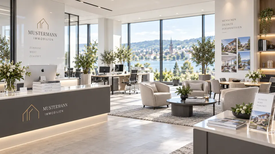 Empfangsbereich von Mustermann Immobilien mit Tresen und Blick auf den See