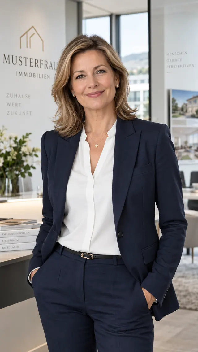 Katharina Musterfrau, Geschäftsführerin, im dunkelblauen Blazer im Büro