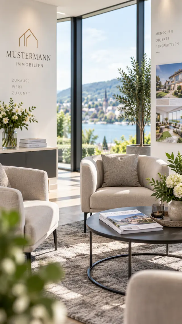 Loungebereich im Büro von Mustermann Immobilien mit Sesseln, rundem Tisch und Blick auf See und Altstadt