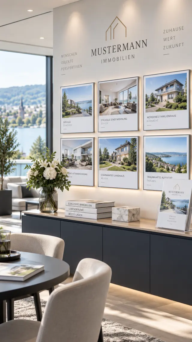 Wand mit gerahmten Objektbildern und Exposés im Büro von Mustermann Immobilien
