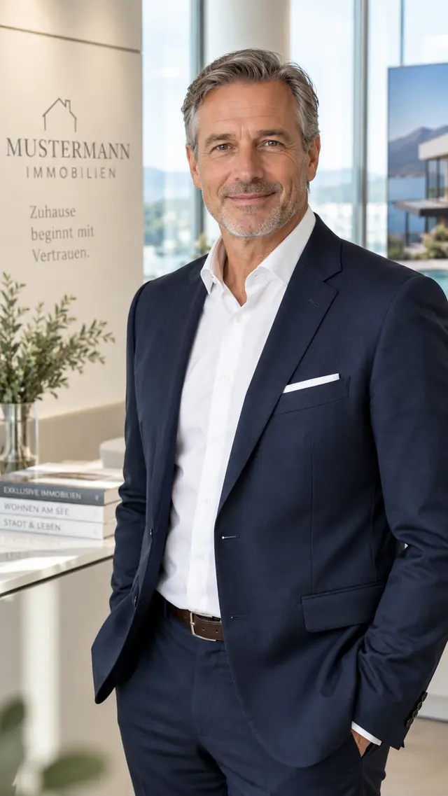 Thomas Mustermann, Immobilienberater, im dunkelblauen Anzug im Büro