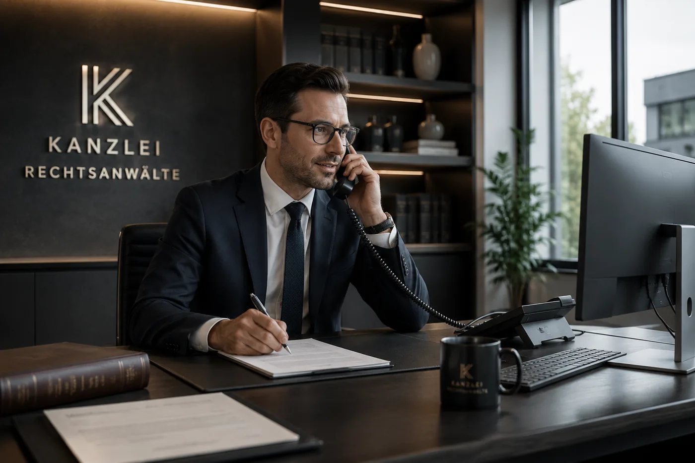 Anwalt im Gespräch am Schreibtisch