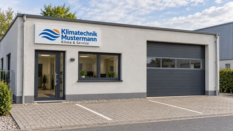 Betriebsgebäude mit Eingang, Bürofenster und Werkstatttor